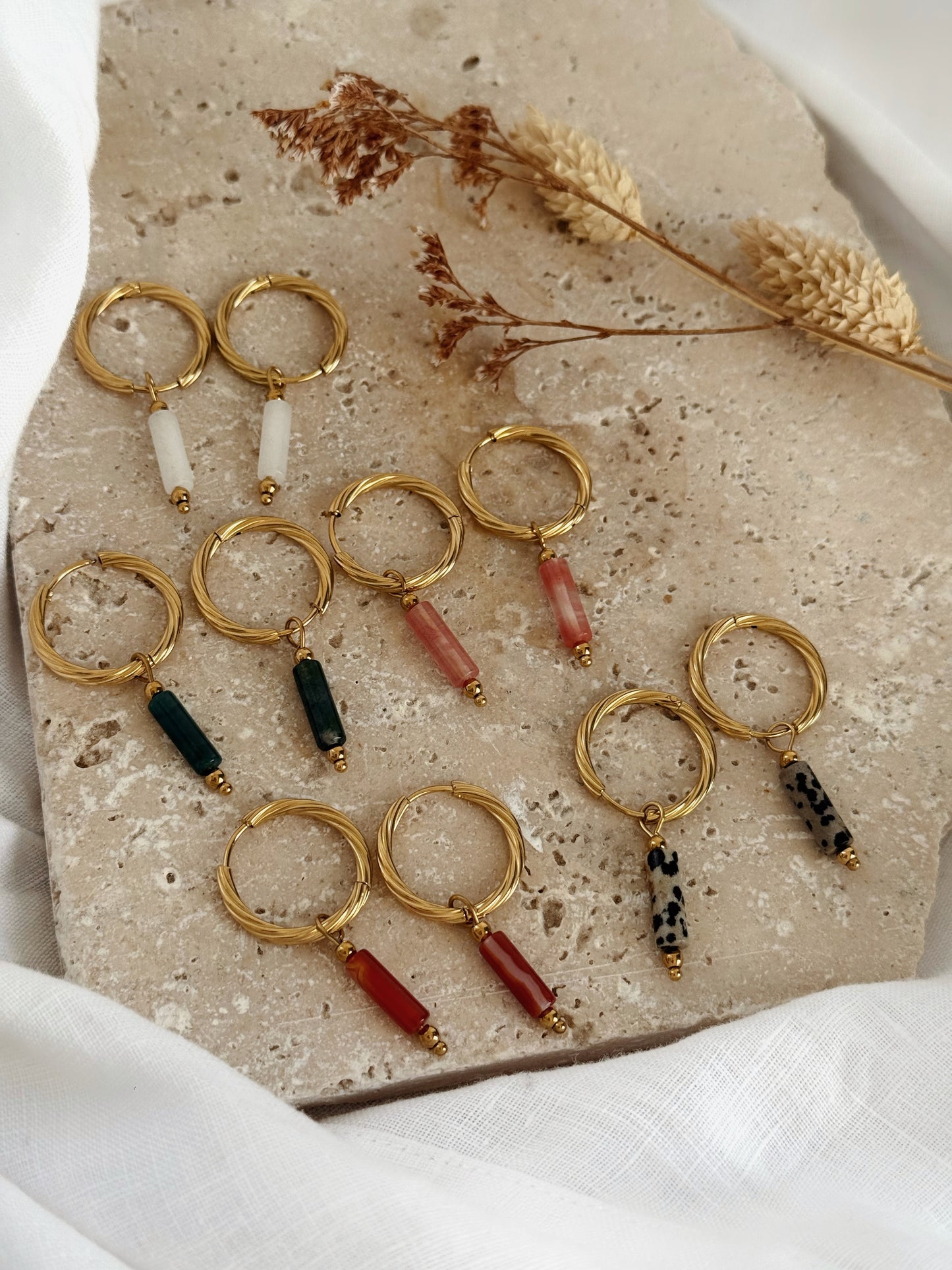 créoles avec perles tubes - tube naturelles fait main jaspe