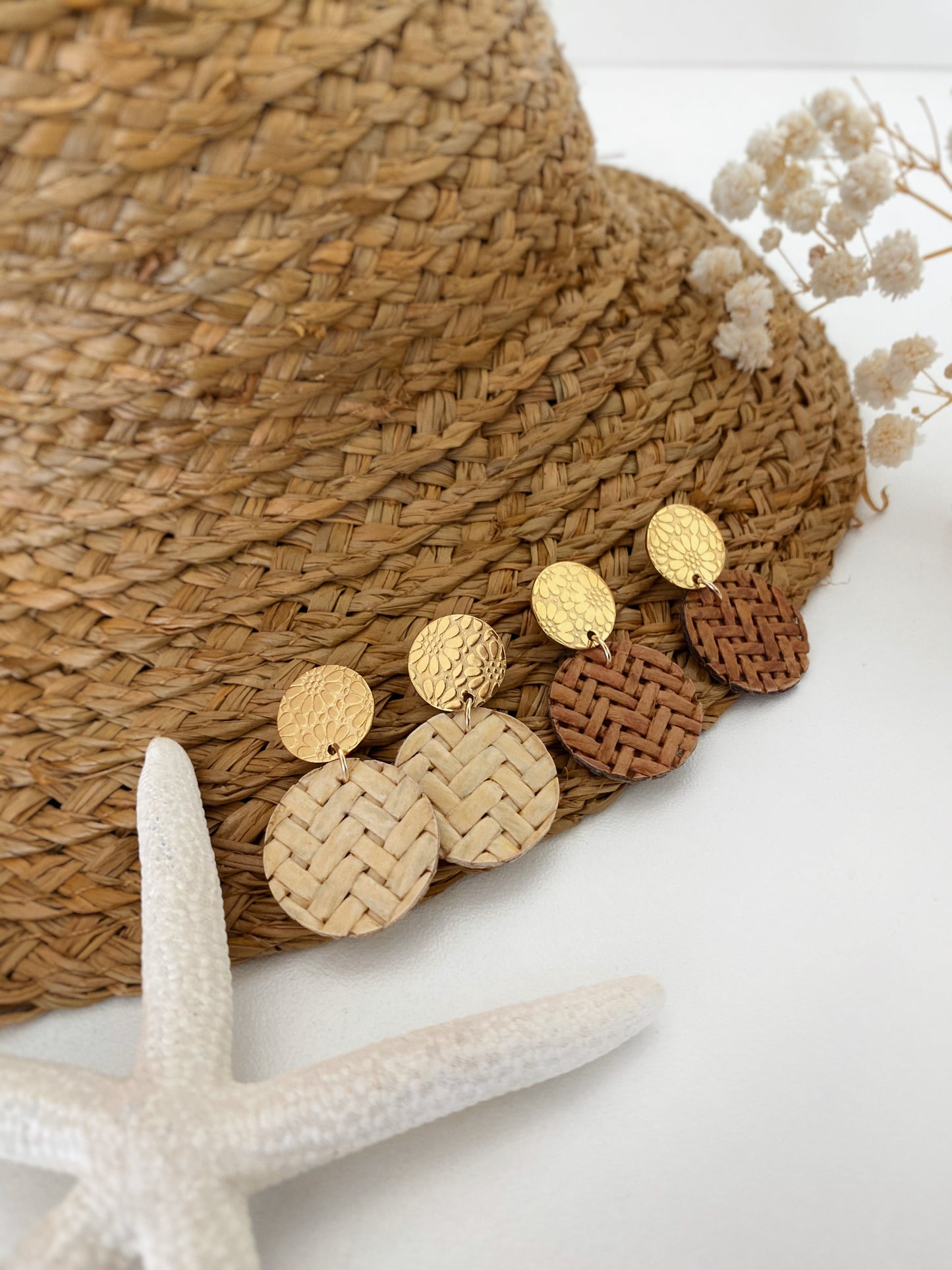 Boucles bambou tressé beige et marron acier inoxydable