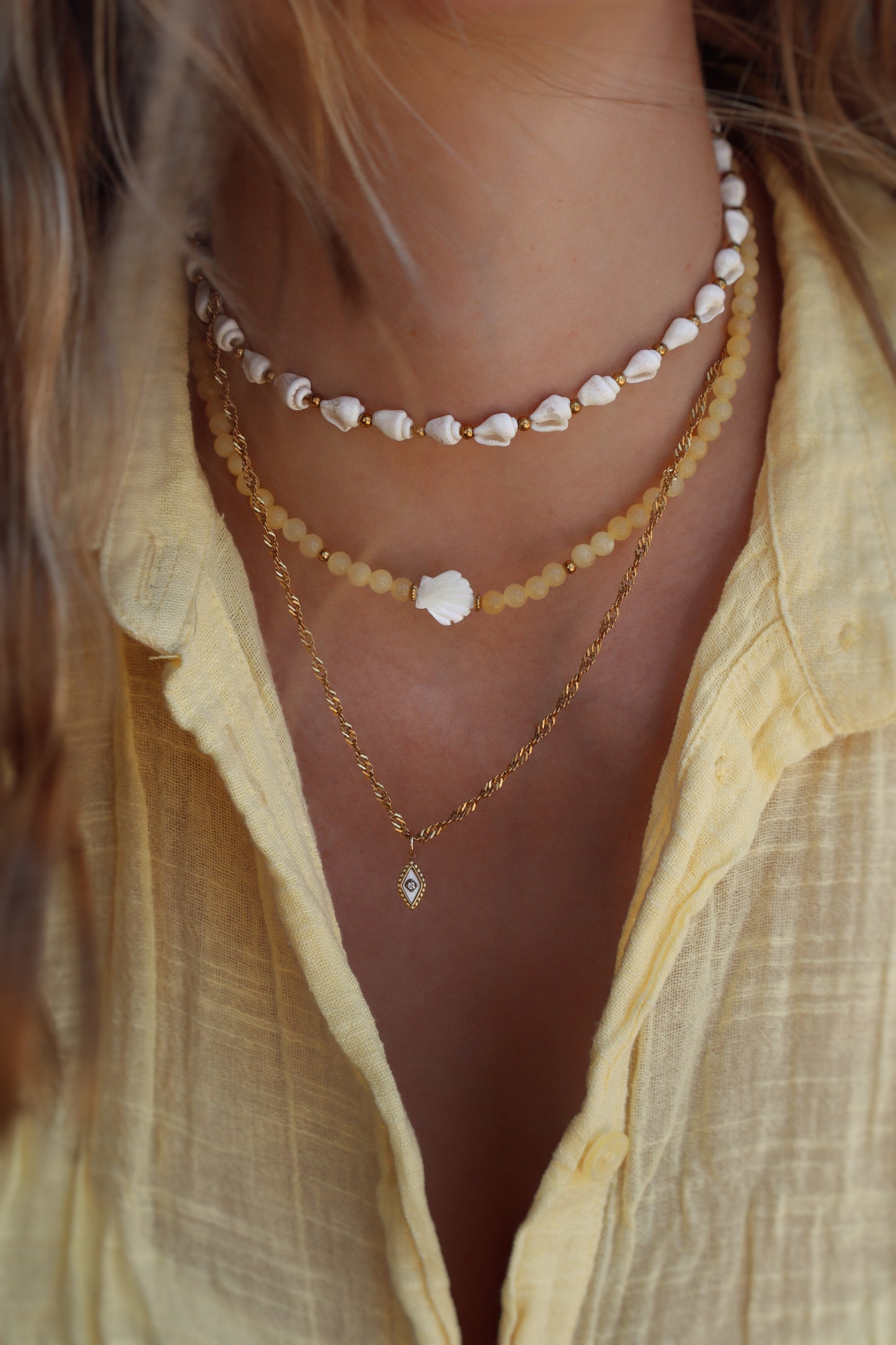ensemble collier jaune fait main coquillage