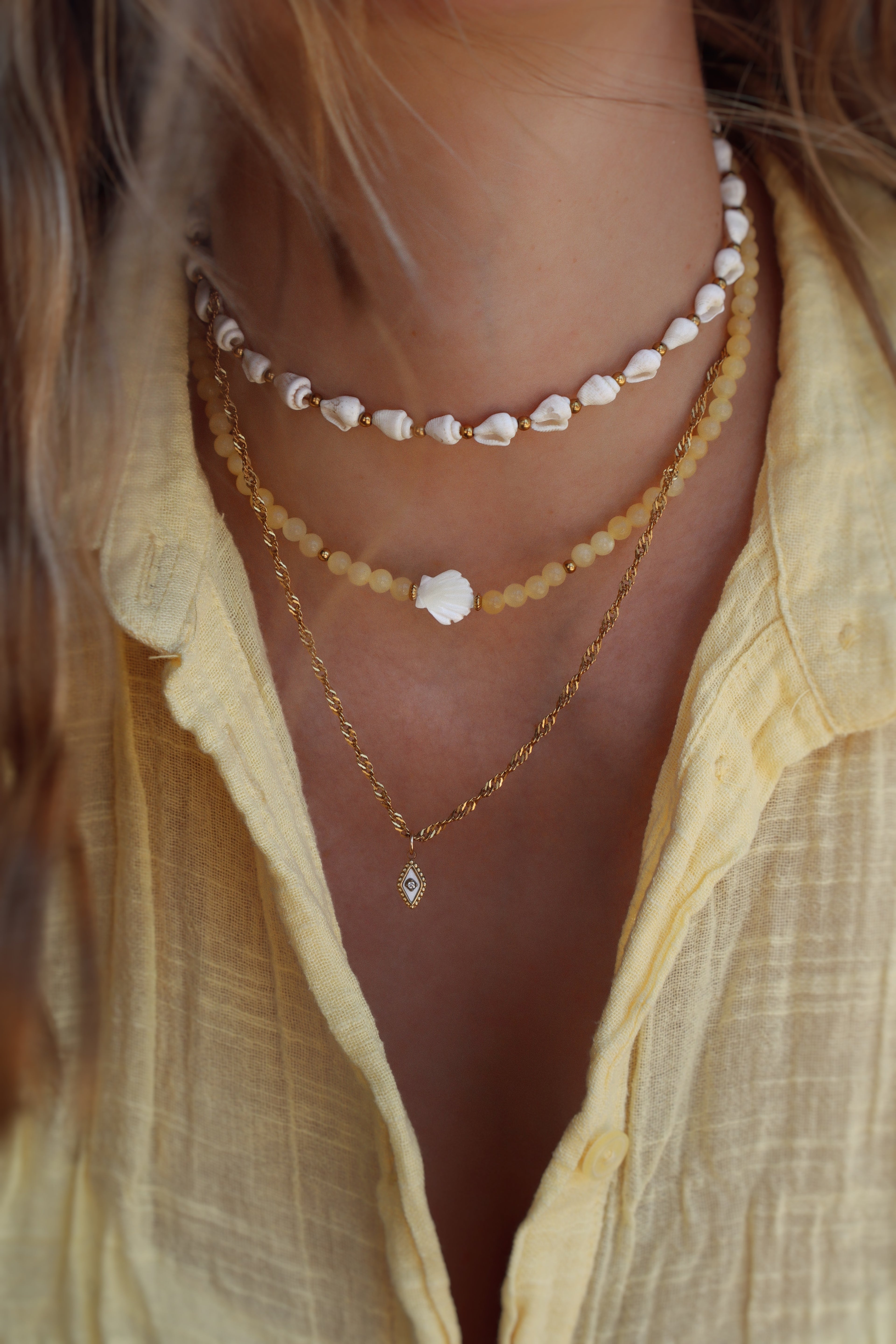 ensemble collier jaune fait main coquillage